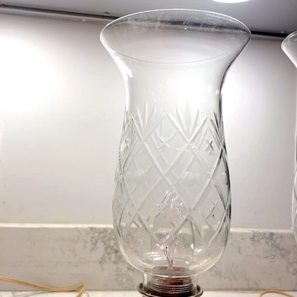 Sterling Silver Etched Electric Hurricane Lamps Candlesticks Matching Pair of 2